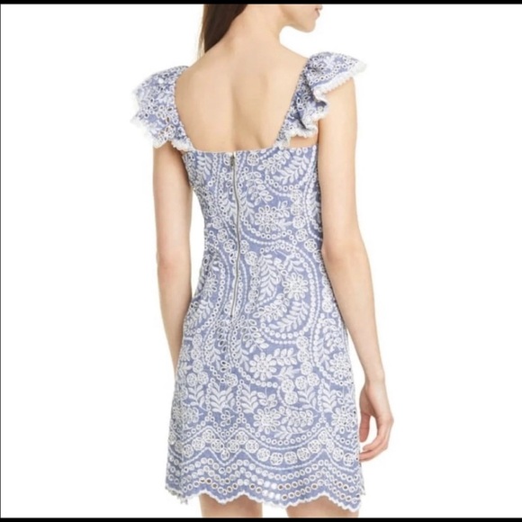 Alice+Olivia White Blue Flutter Sleeve Tunic Dress Chambray Summer Mini Dress - Picture 2 of 6